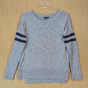 American Eagle Sweater Womens Medium Gray Stripes Y2K Cozy Collegiate Streetwear